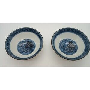 Vtg Toyo Arita Rice Bowls Blue & White Set Of 2 Mountain Branch Cherry Blossom